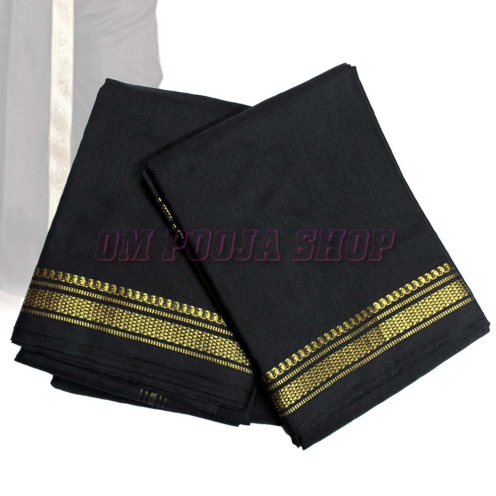 Black Cotton Dhoti with Angavastram Golden Border for Men Wear Om Pooja Shop