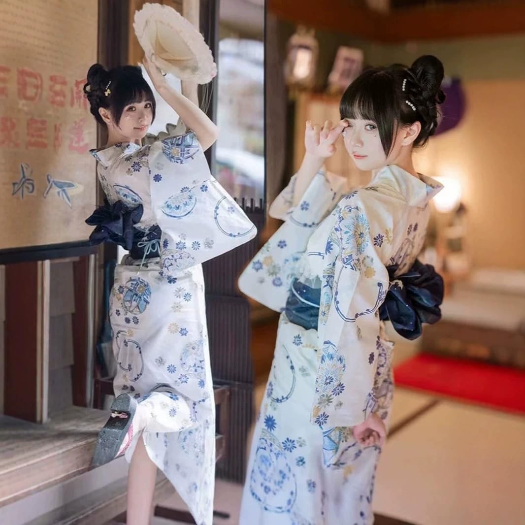 Women’s Yukata Set, Free Size, Floral Pattern, Organza Yukata, with Bow-Tie Obi