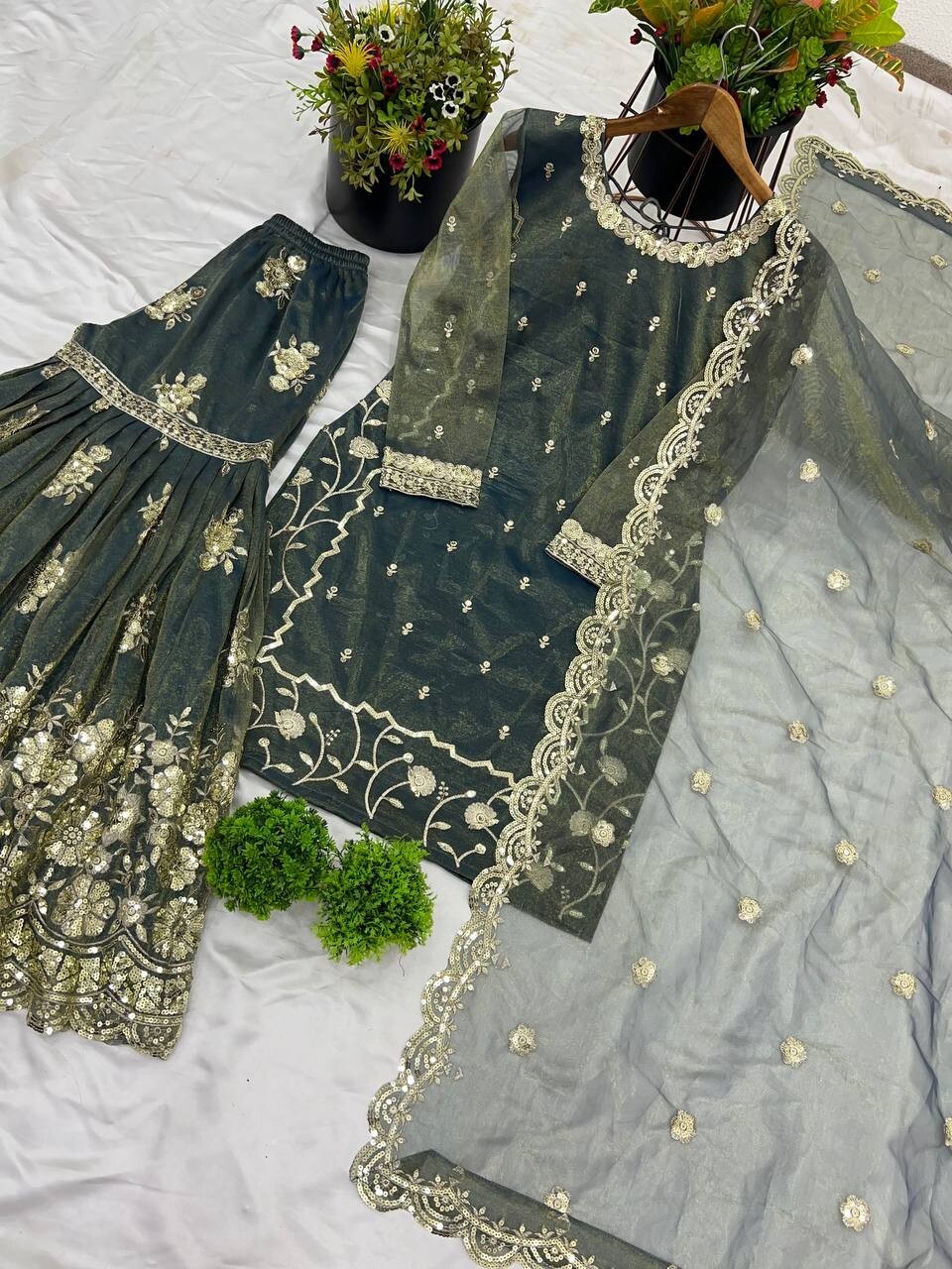 Twill Net Embroidered Fully Stitched Palazzo Suit Set with Dupatta for Women