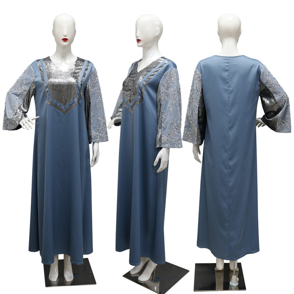 Middle East Round Neck Splice Sequin Retro Abaya Robe Women Plus Size Clothing