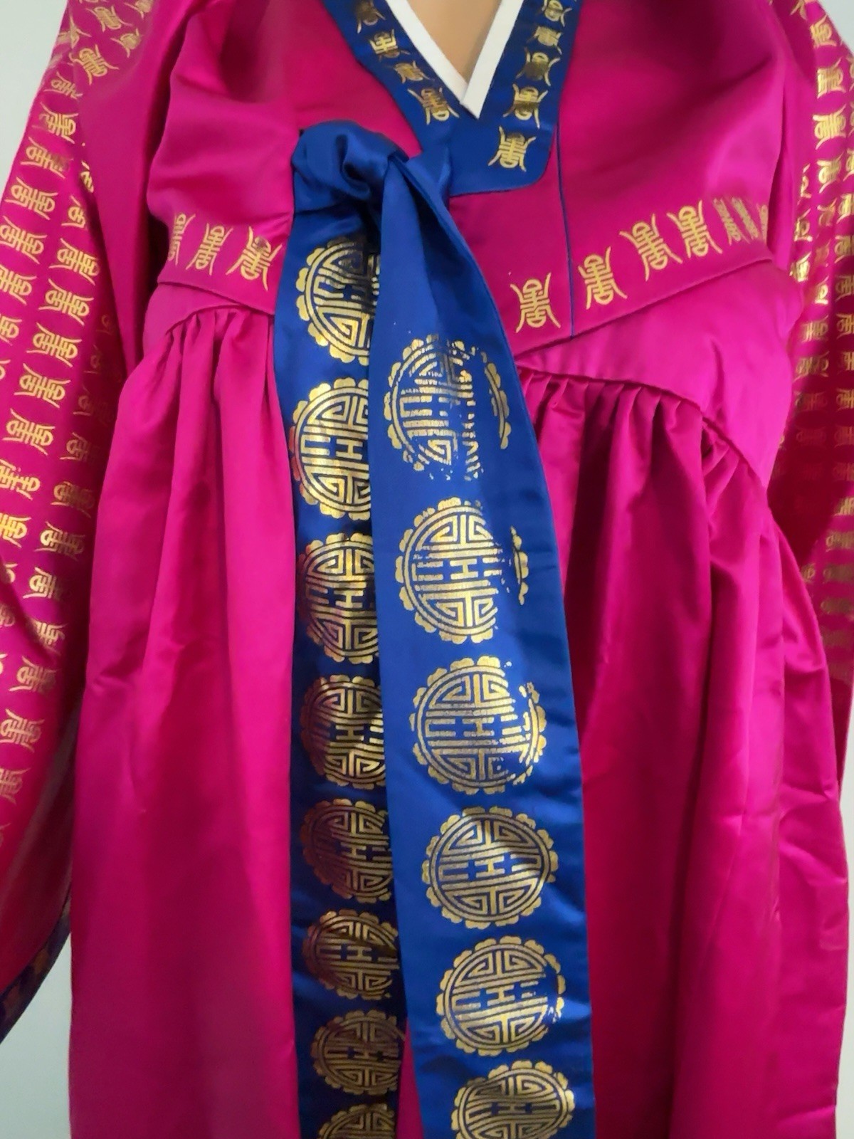 Korean Hanbok Dress Womens Blue Pink Gold Accents Peacocks
