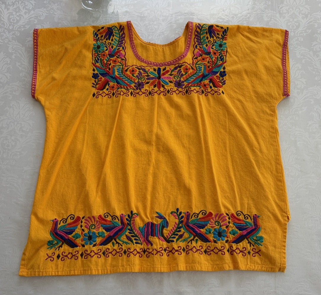 Handmade Mexican Embroidered Huipil Blouse Coral Floral Bird Tunic Boho Oaxaca