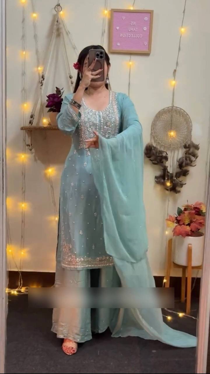 Stylish Sky Blue Heavy Georgette Top Palazzo With Dupatta For Wedding Wear