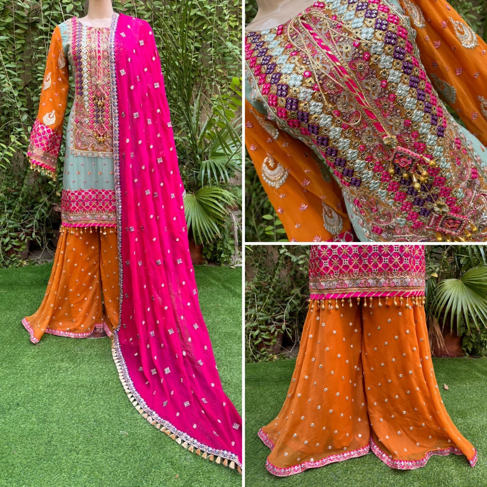 Pakistani Orange Straight Style Embroidered Sequins Chiffon Sharara Dress,M