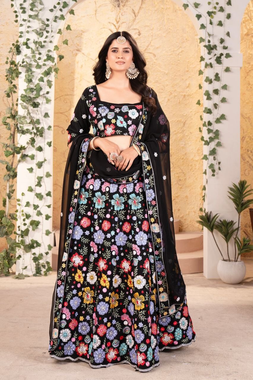 Black Georgette Embrodaried Flower lahenga choli