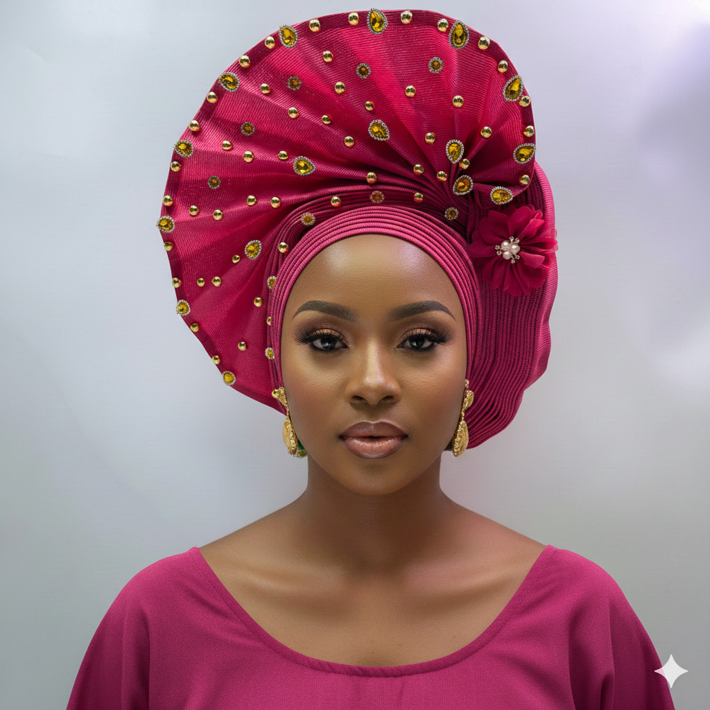 African Gele Fabric Turban Headtie Made Aso-Oke Auto Gele Head Wear Hat Stones