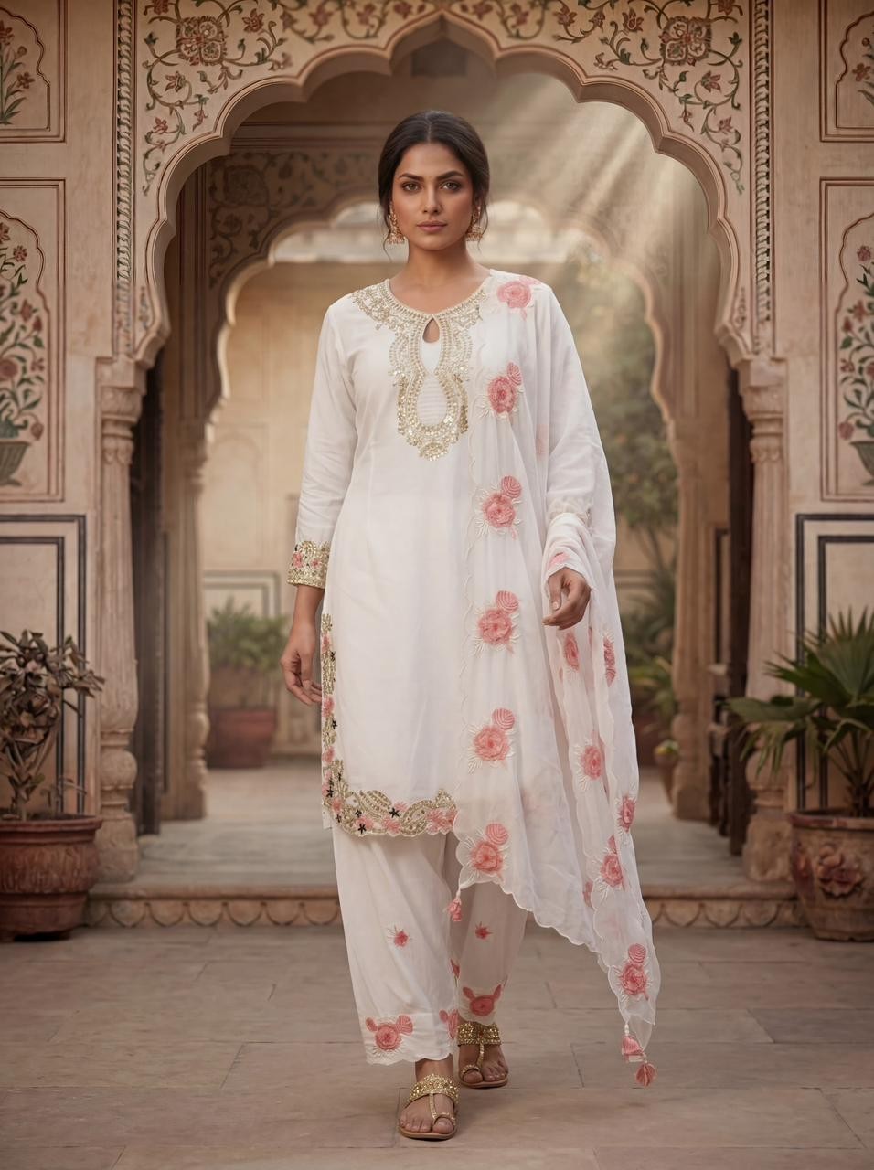 White color embroidered 3-Piece Suit Set for Women | Stylish Kurta