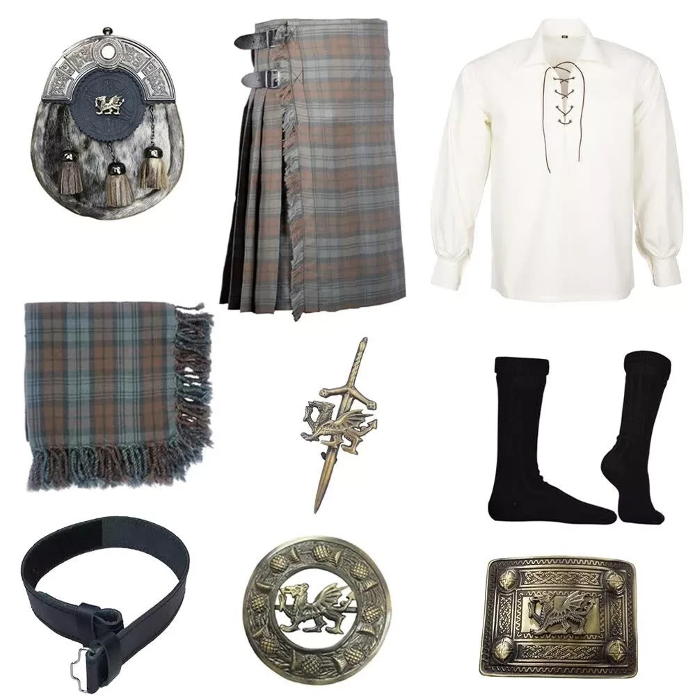 Men’s Welsh Dragon Black Watch Weathered 9 PCS Scottish Traditional Kilt Outfit
