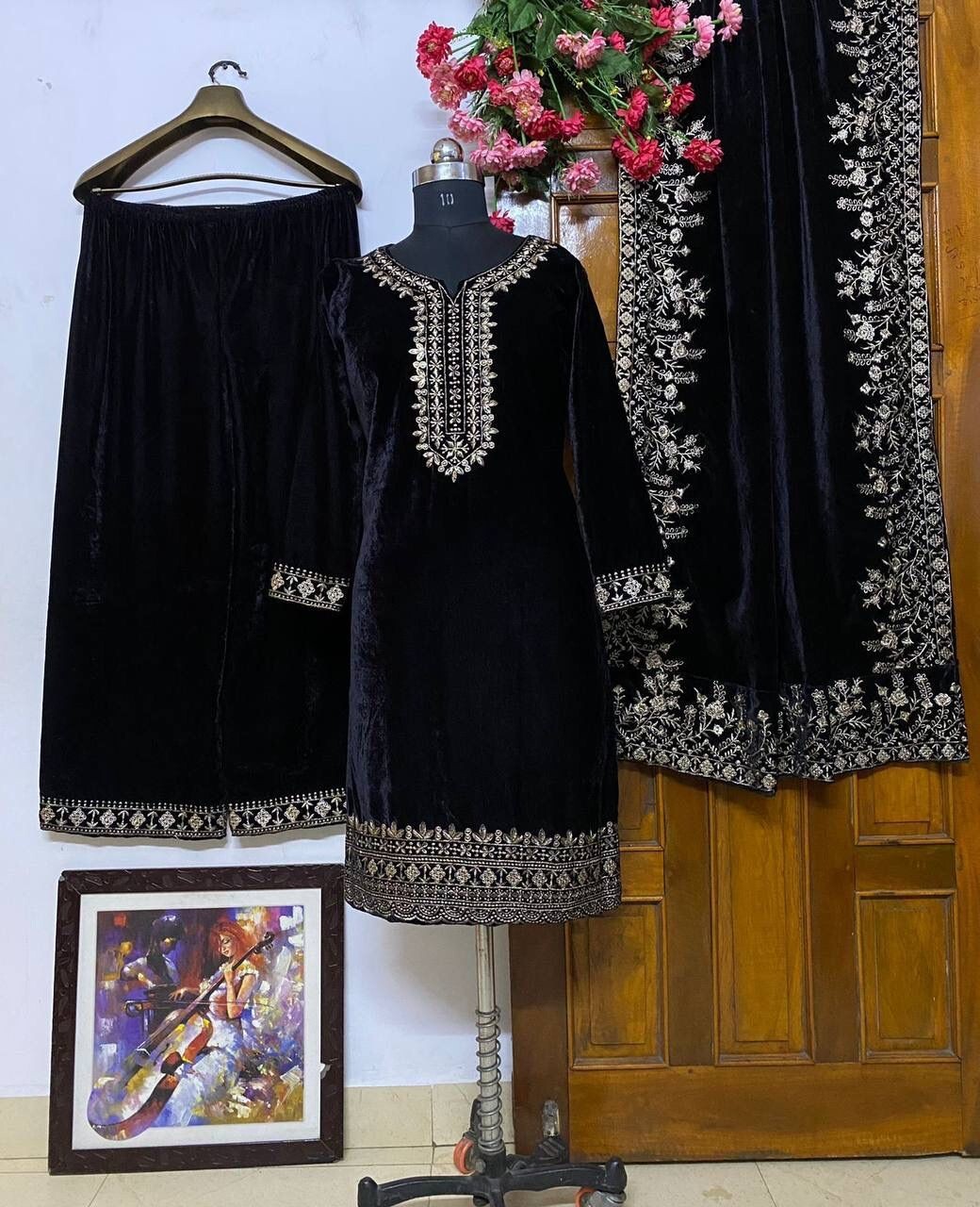 Beautiful stitched BLACK/GREEN/PURPLE palazzo suit with VELVET SHAWL