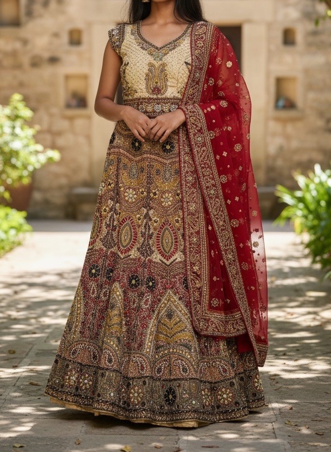 Embroidered Choli Set for Women Red Gold Multi-Color Skirt Dupatta Beads Sequins