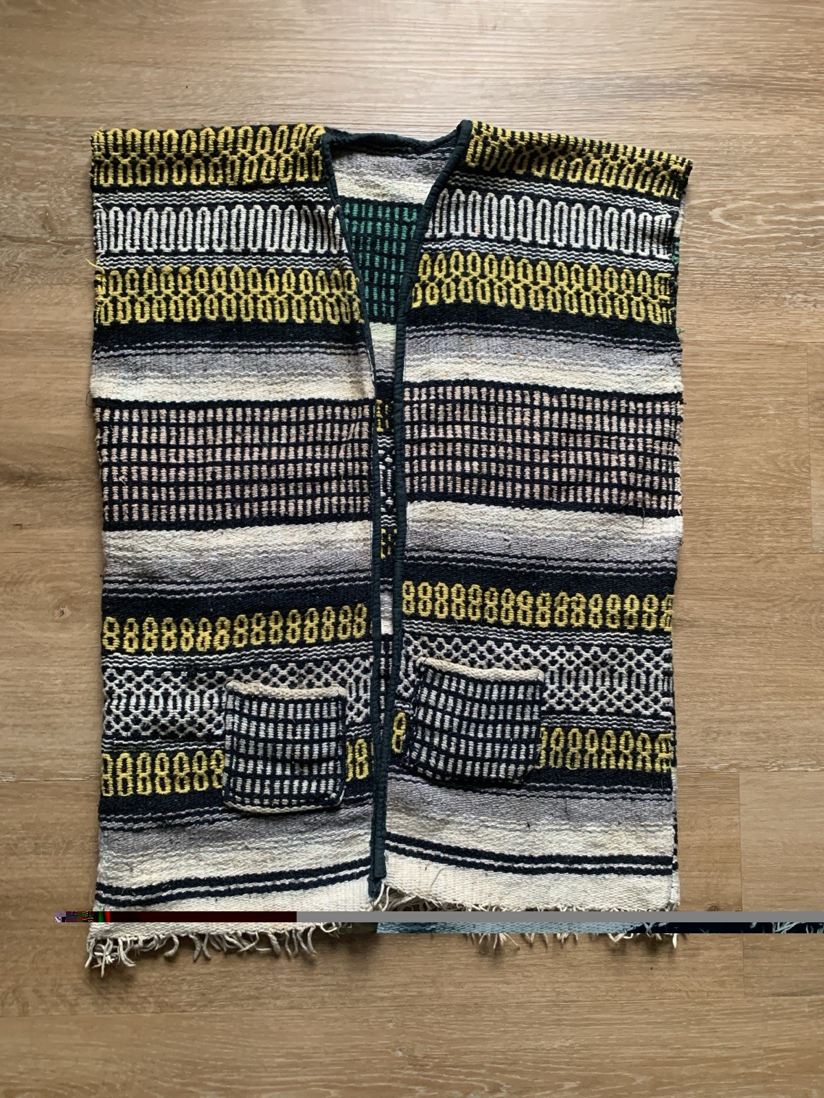 VINTAGE Handmade Mexican Blanket Vest Poncho Serape Fringe with Pockets 19×25
