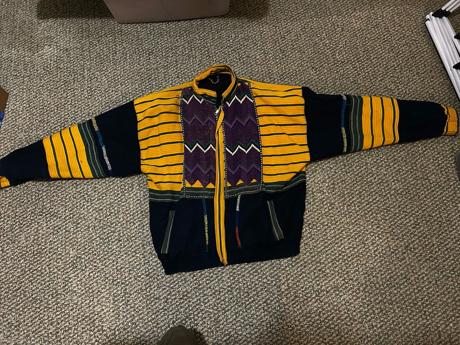 Handmade Wool Woven Zip-Front Poncho Jacket, Multicolor Zigzag, Size M