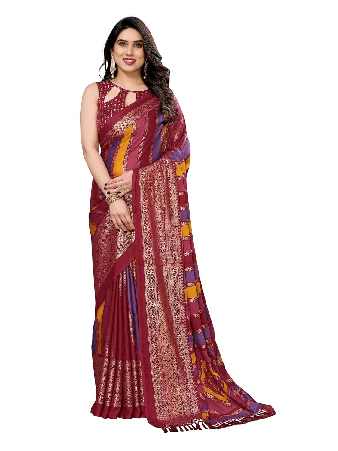 Women’s Floral Print & Woven Satin Patta Saree With Blouse Piece