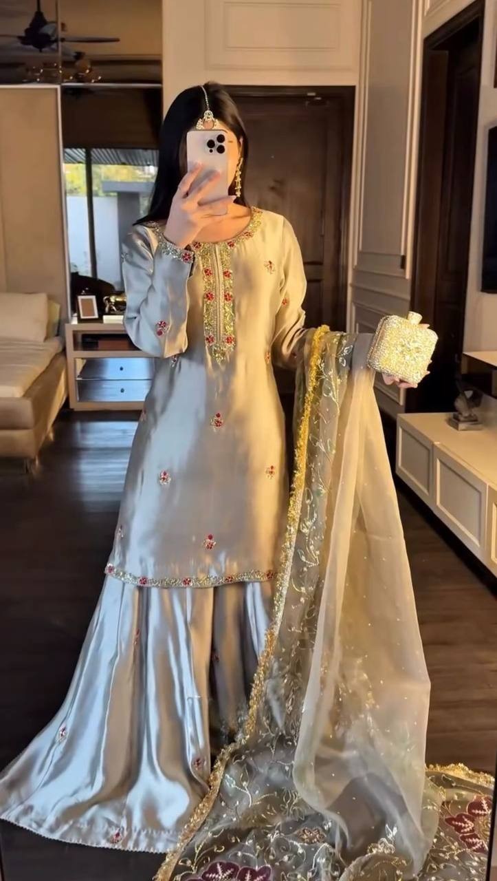 Latest Zapan Satin Silk Cream Palazzo Suit With Dupatta For Indian Function Wear