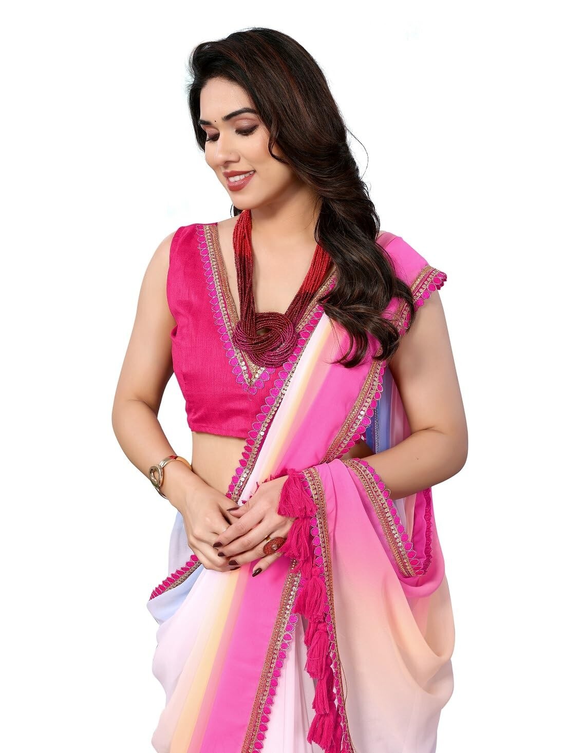 Women’s Fancy Desian Georgette Saree FOr Women With Latkan Tassels Lace Border