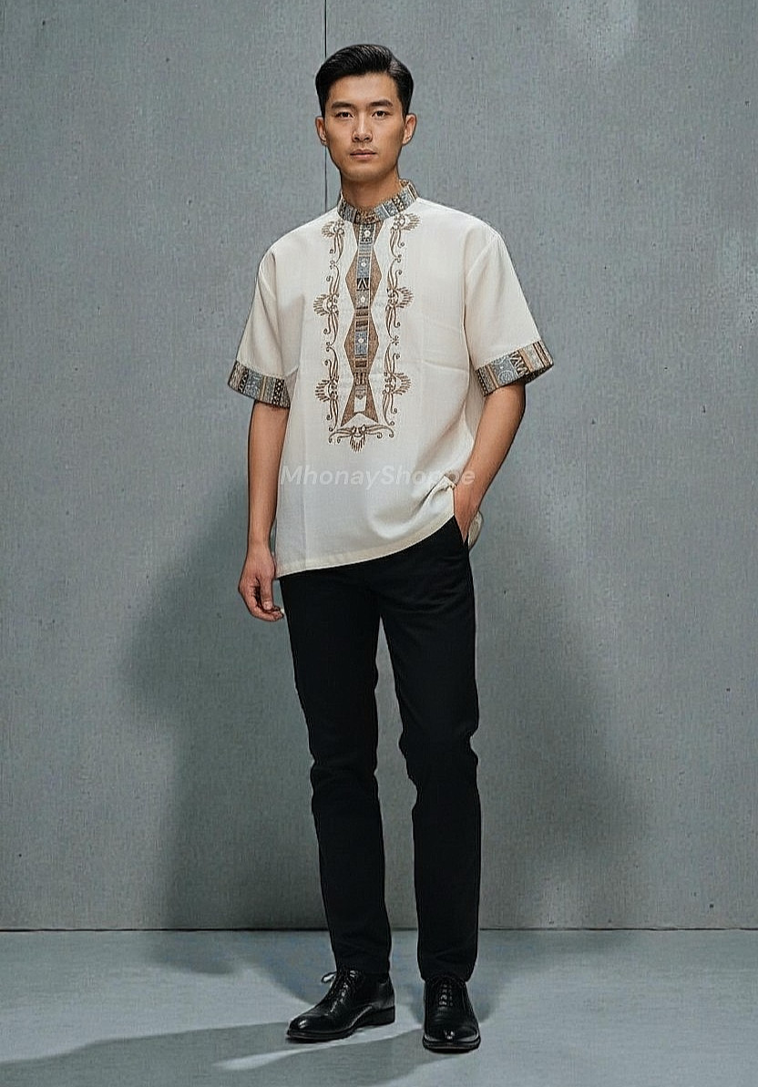 Men’s Short Sleeve Barong Tagalog Filipino Formal Shirt w/ Ethnic Fabric