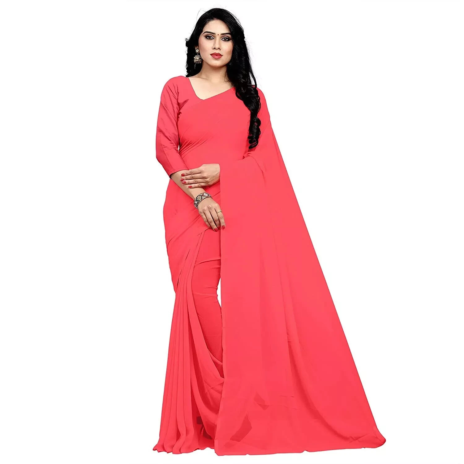 Women’s Georgette Saree With Unstiched Blouse Piece Gajari Red Ethnic Wear 1 Pcs