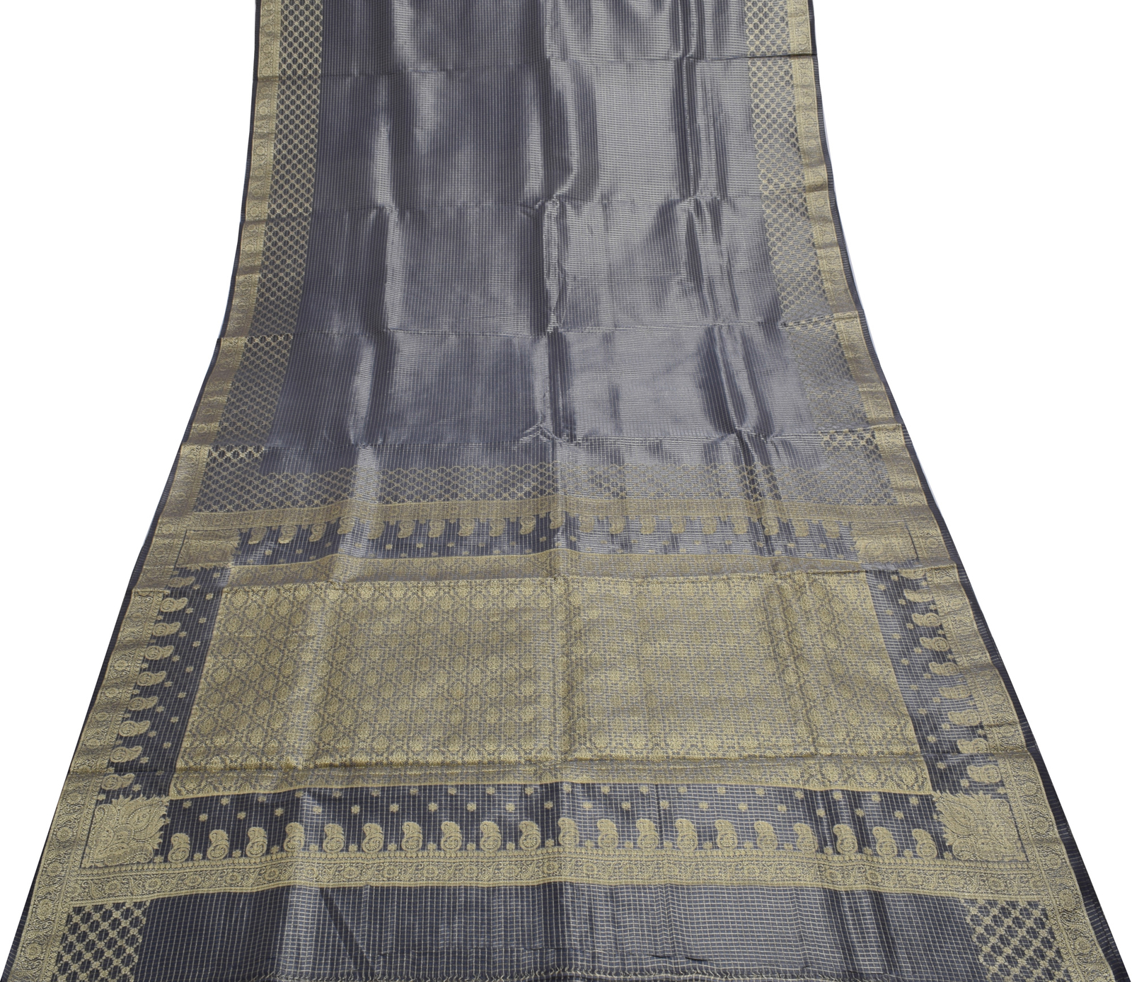 Sushila Vintage Gray Saree Blend Tissue Silk Woven Check Sari Craft 5 YD Fabric