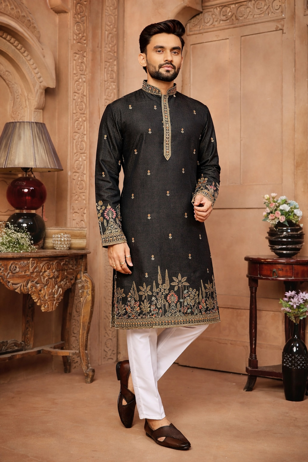 Mens Kurta Set Heavy Daman Multi Embroidery Gold Sequin Readymade Size 40 L