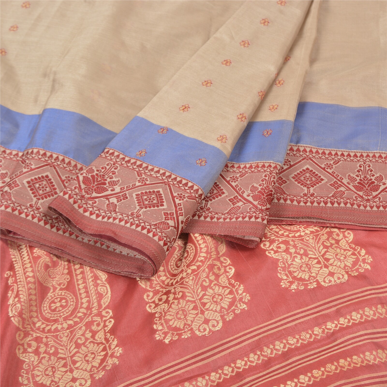 Sanskriti Vintage Pink/Pale Cream Sarees Art Silk Hand-Woven Indian Sari Fabric