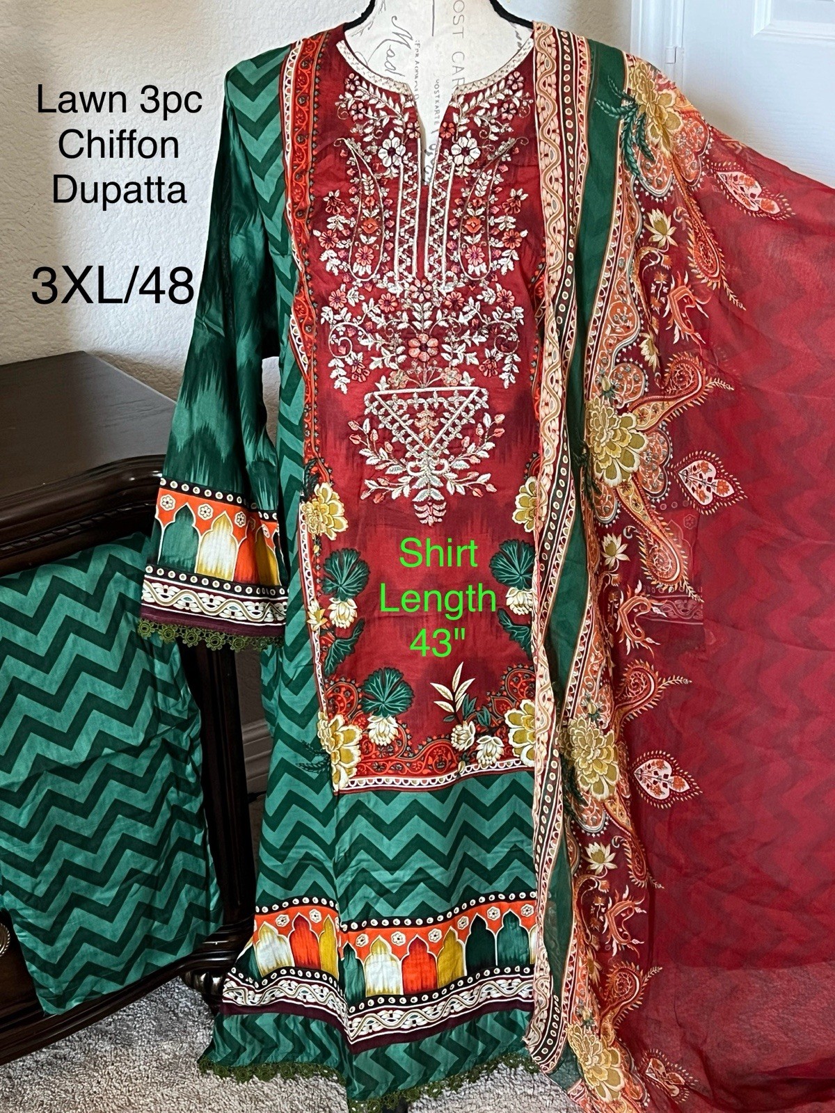 3XL Size 48 LAWN 3pc Shalwar Kameez Stitched Embroidered Suit Pakistani Indian