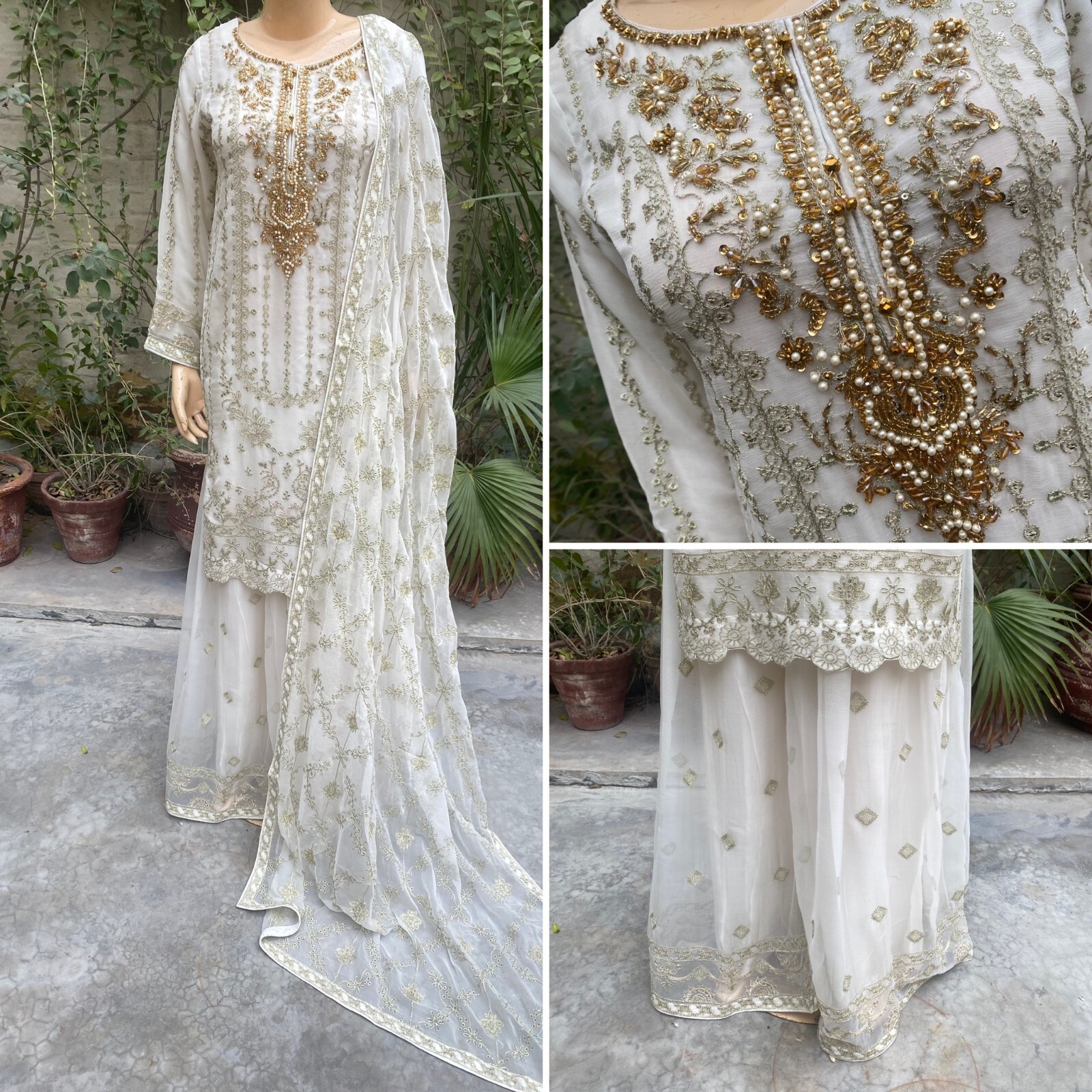 Pakistani Off White Straight Style Embroidered Sequins Chiffon Sharara Dress,S