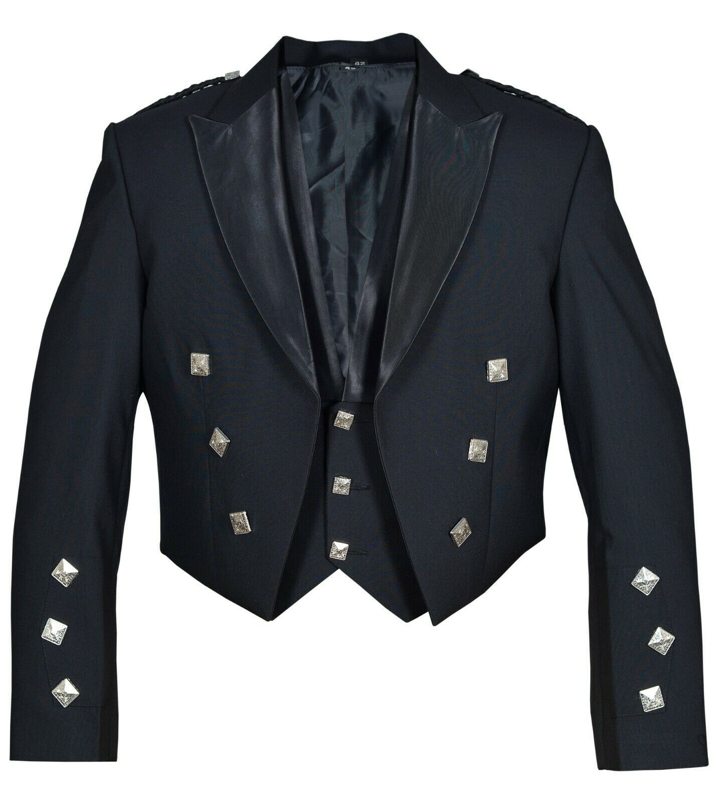 Men Scottish Black Prince Charlie Serge Wool Highland Kilt Jacket and Vest Wedng