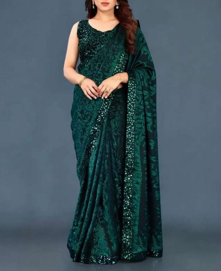 Emerald Green Floral Saree Women Festive Party Wear Saree**