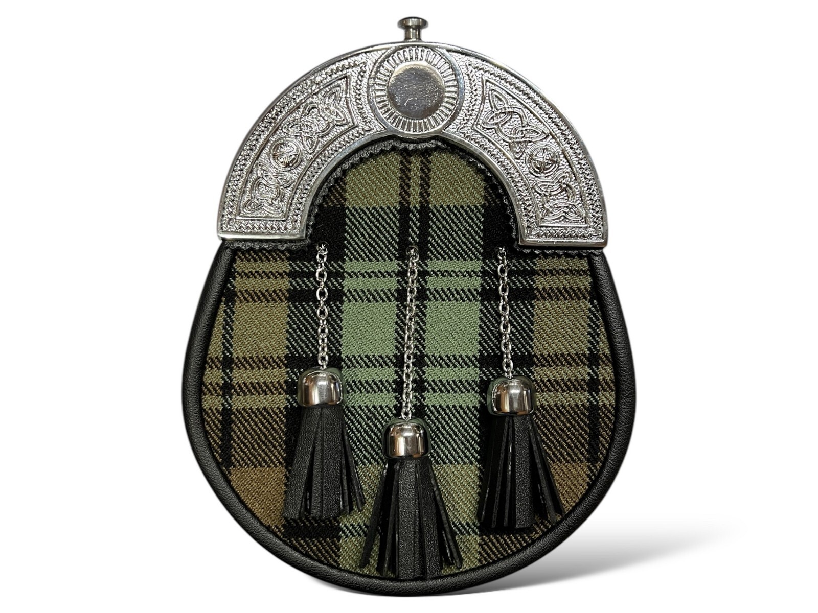 Men’s Scottish Black Watch Weather Tartan plate Leather Sporran With Chain Strap