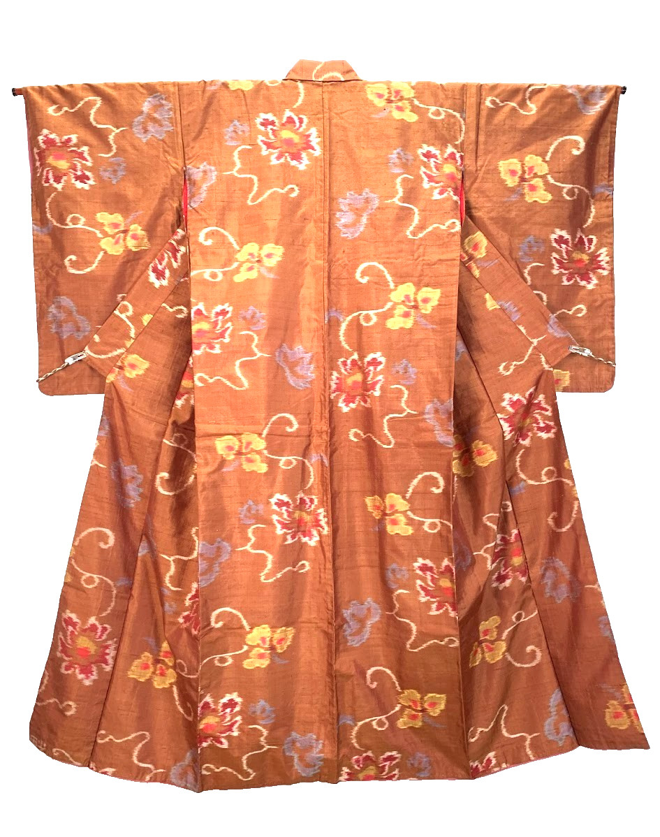 Vintage Japanese Tsumugi Kimono Pure Silk XS Brown Kasuri Ikat Floral Robe Coat