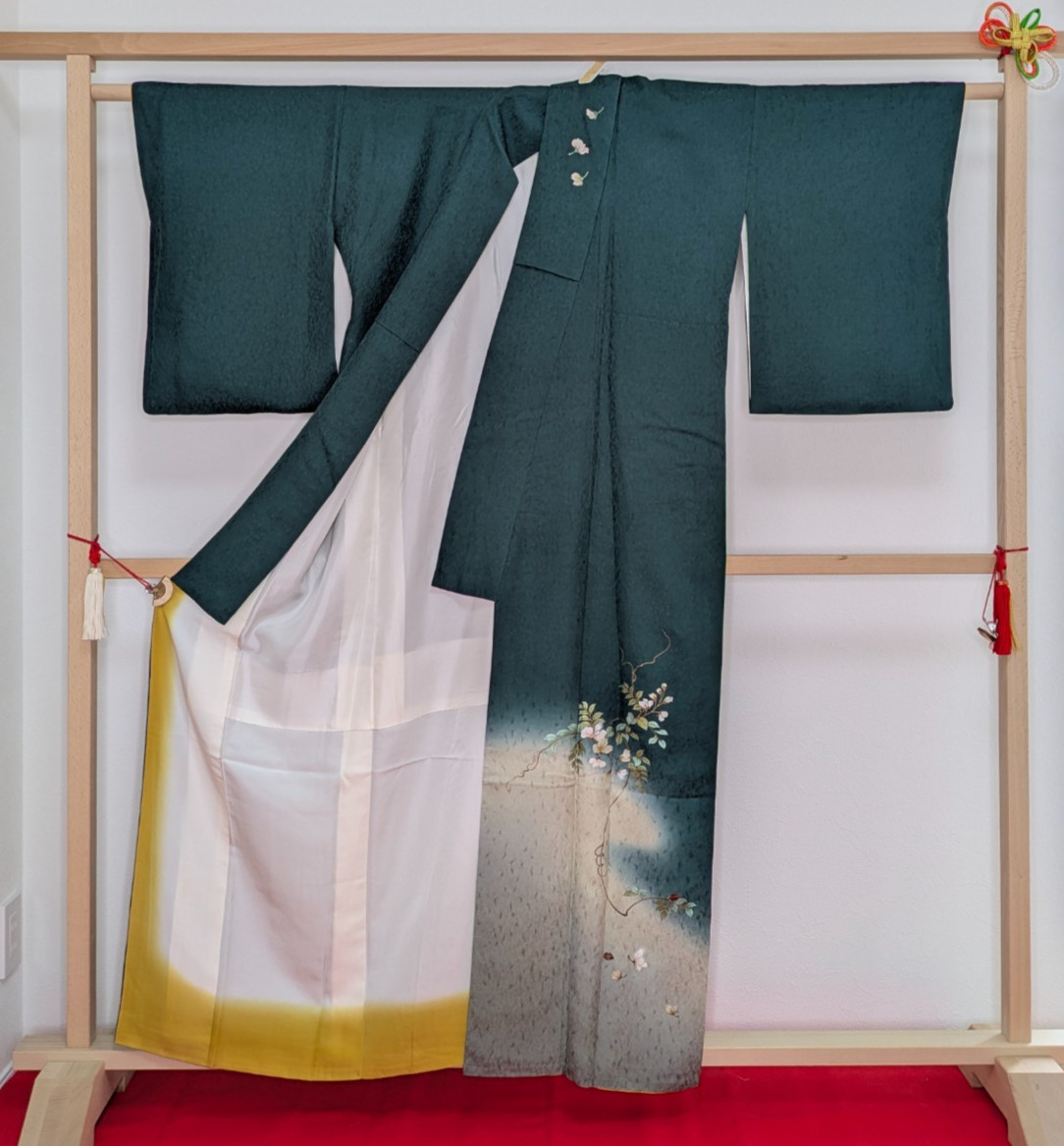 Authentic Japanese Kimono Silk Tomesode Dark Green Floral Embroidery Textile Art