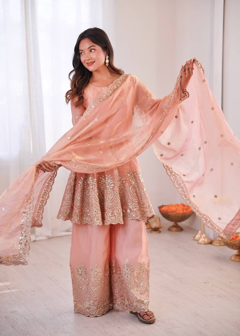 3 Piece Palazzo Suit Set Real Mirror Embroidered Peplum Tunic Trouser Pair