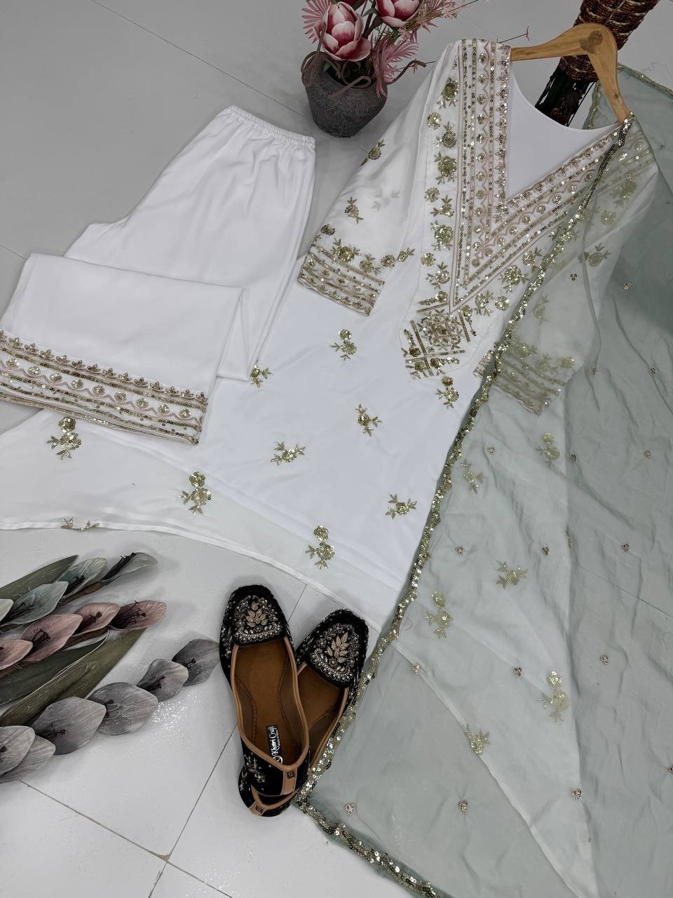 New Fancy Heavy Natural Silk White Top Palazzo With Dupatta For Reception