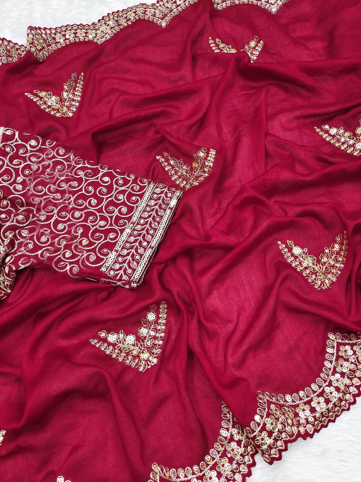 Cherry Red Vichitra Silk Saree with Embroidery & Sequins Work | Designer Blouse