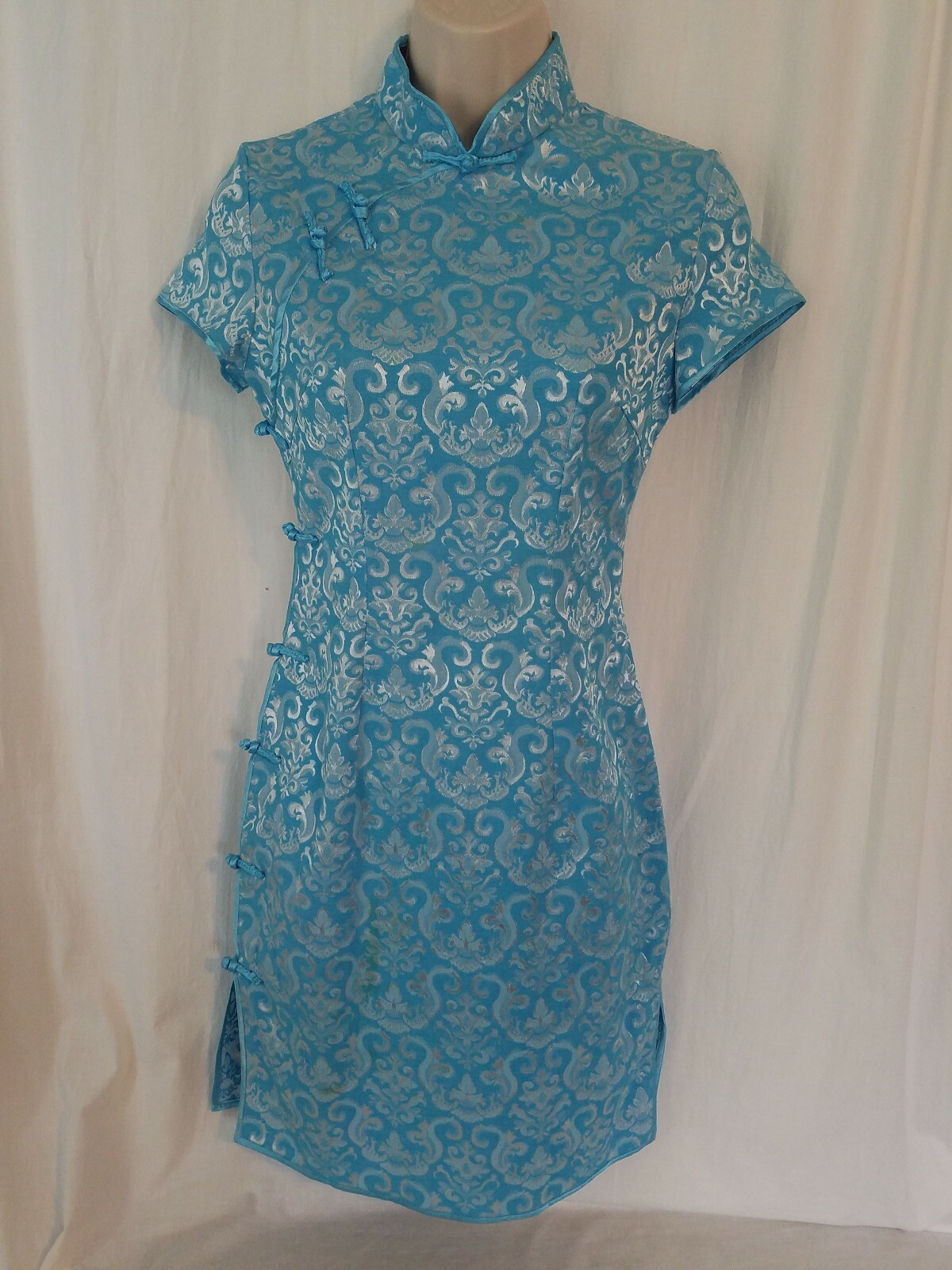 Oriental Qipao Cheongsam Blue And White Dress Womans Size M