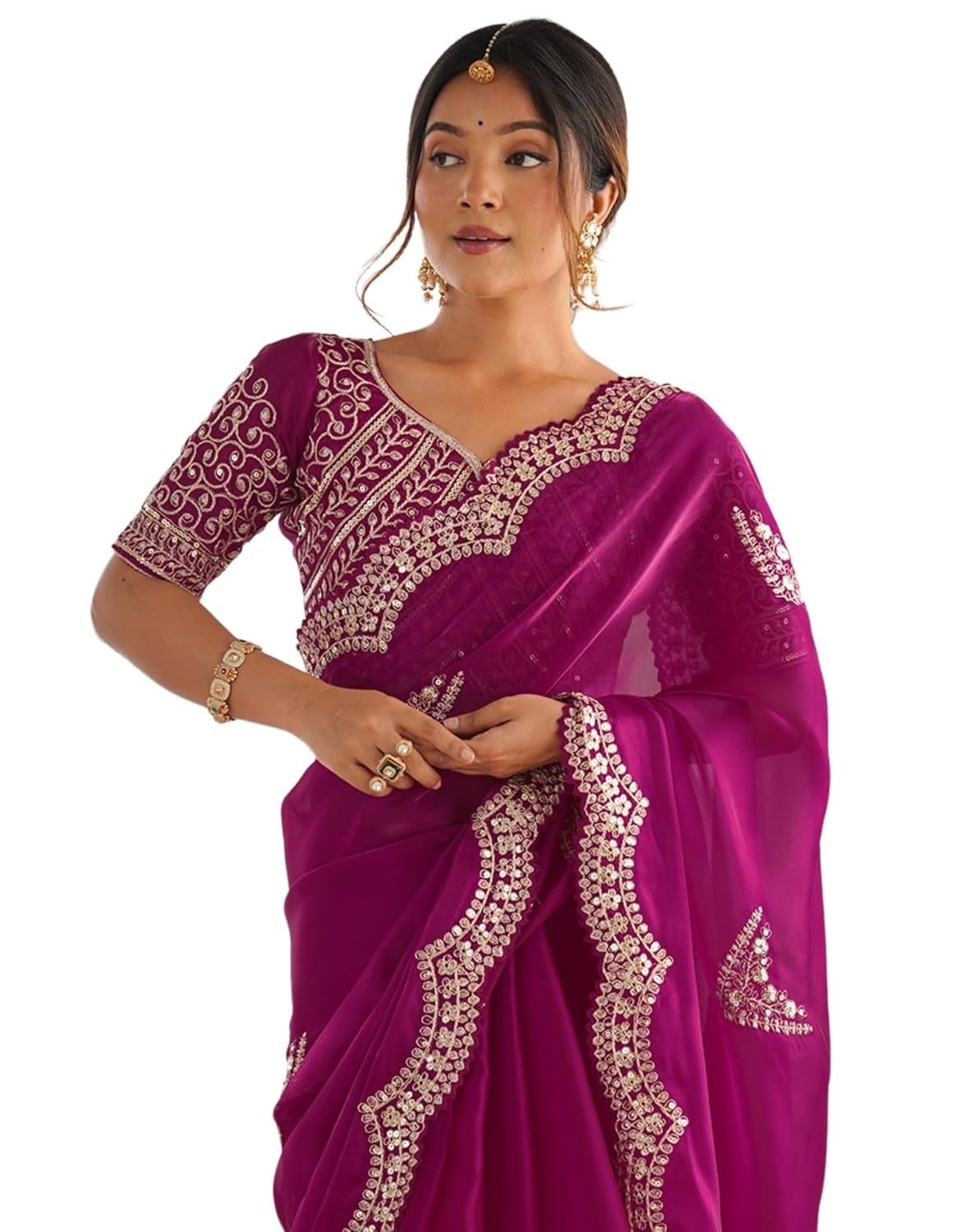 Women’s Organza Sequence Embroidery Scollped Border Saree With Unstitched Blouse