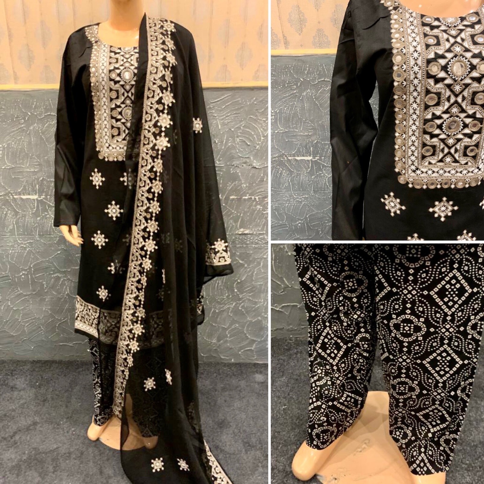 Pakistani Black Straight Shirt 3-PCS Lawn Suit w/ Threadwork ,M