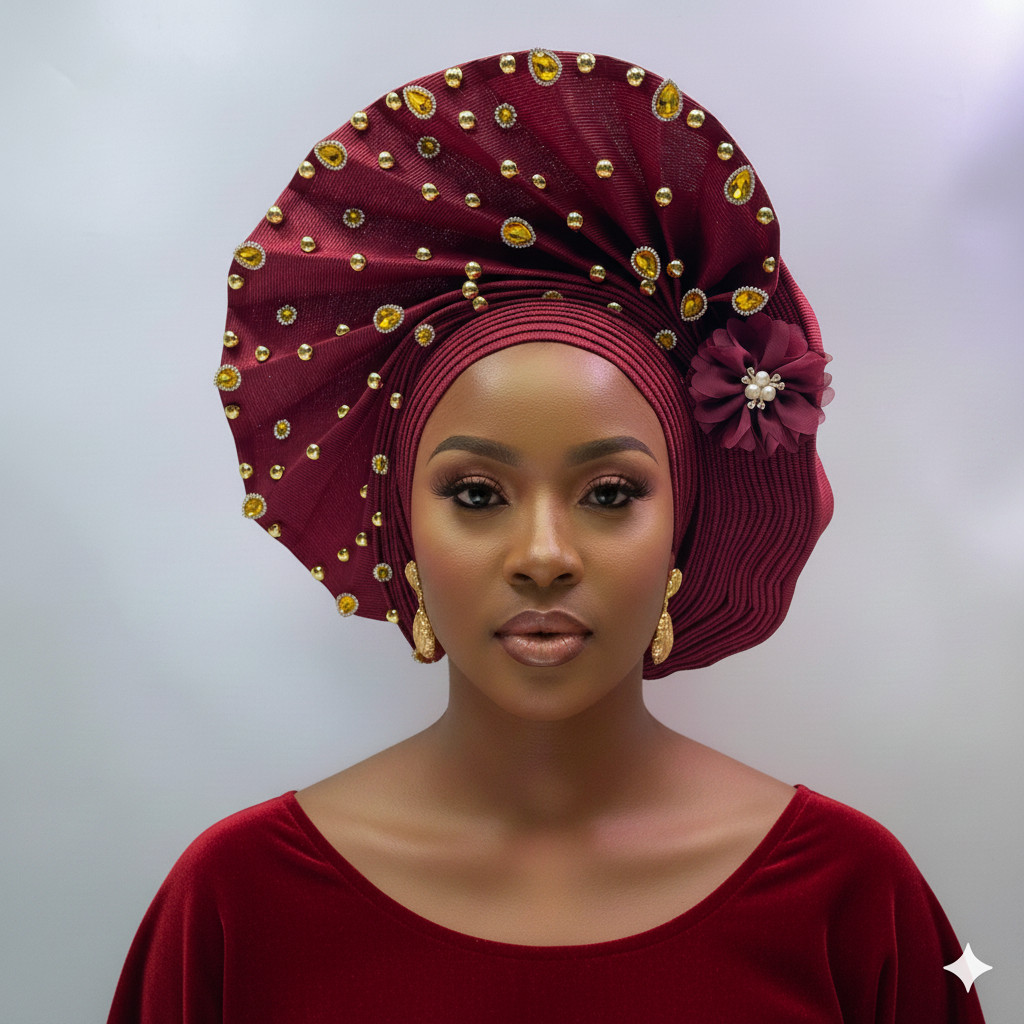 African Gele Fabric Turban Headtie Made Aso-Oke Auto Gele Head Wear Hat Stones