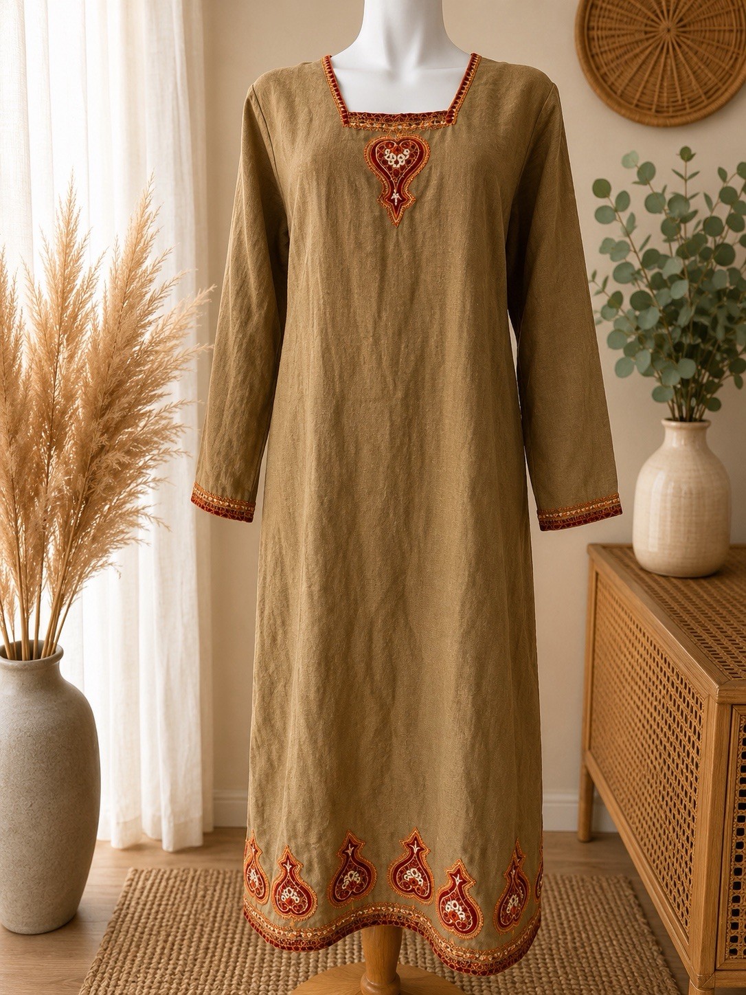 Unbranded Olive Green Tunic Dress Size Small Embroidered Indian Kurti Boho Top