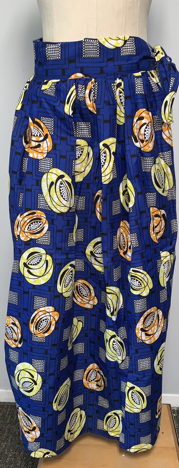 A7 28” WAIST AFRICAN NAKITA WAX PRINT ANKARA PAREO 40” MAXI SKIRT BLUE YELLOW