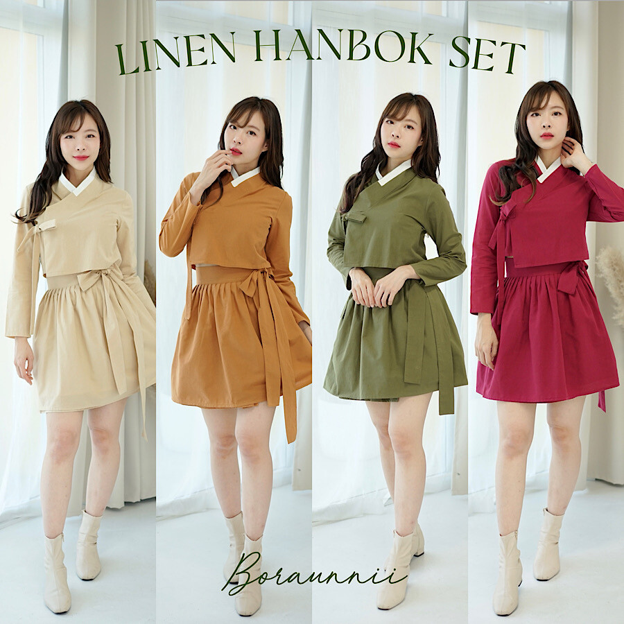 Set Modern Hanbok Linen Cotton (Shirt+Skirt) Korean Traditional Boraunnii 생활한복
