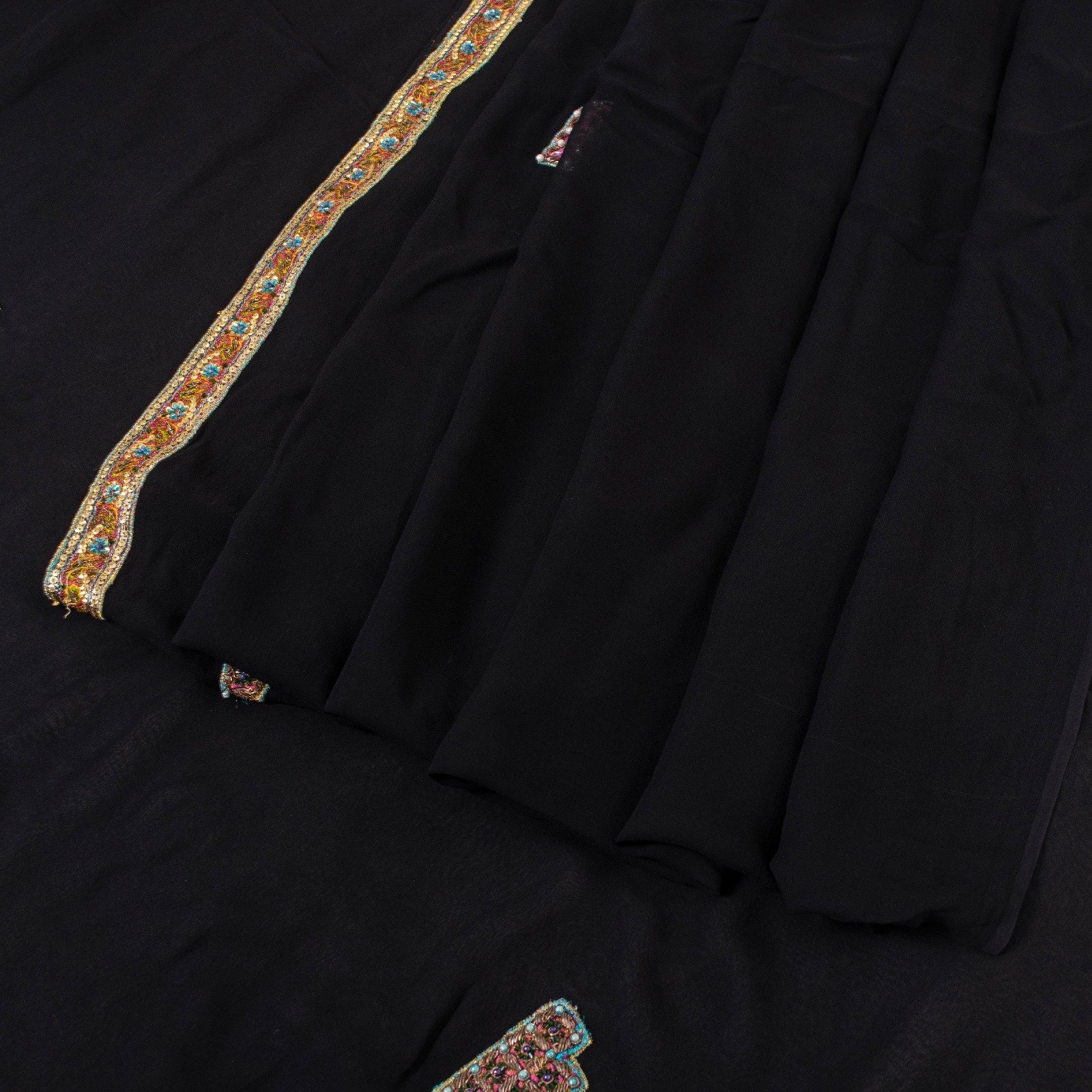 Sanskriti Vintage Black Sarees Pure Georgette Hand Bead Zardozi Sequin 5+Yd Sari