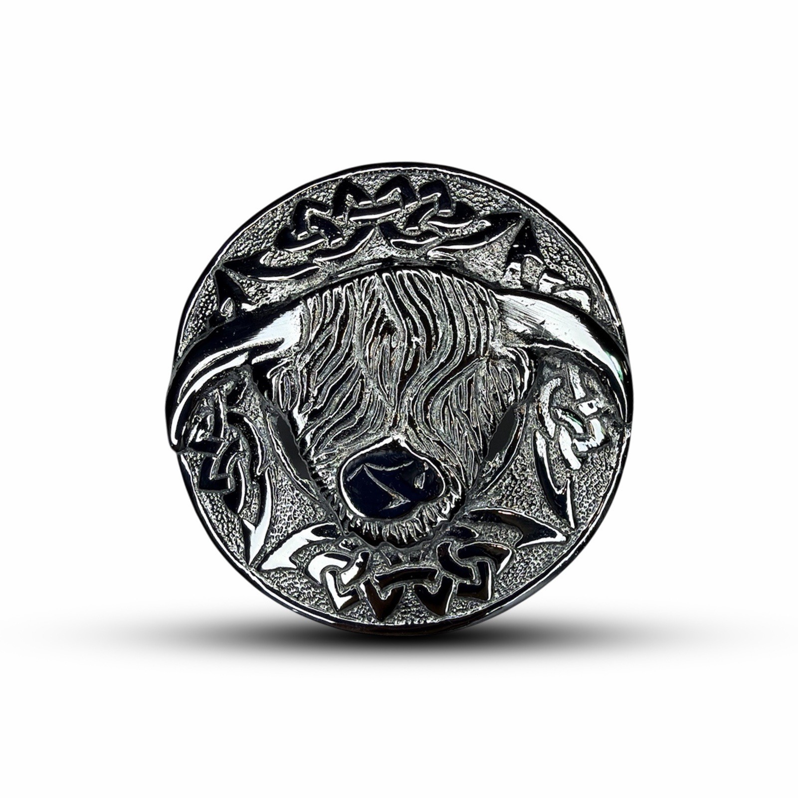 Scottish Highland Cow Kilt Brooch Pin Silver Finish 3”