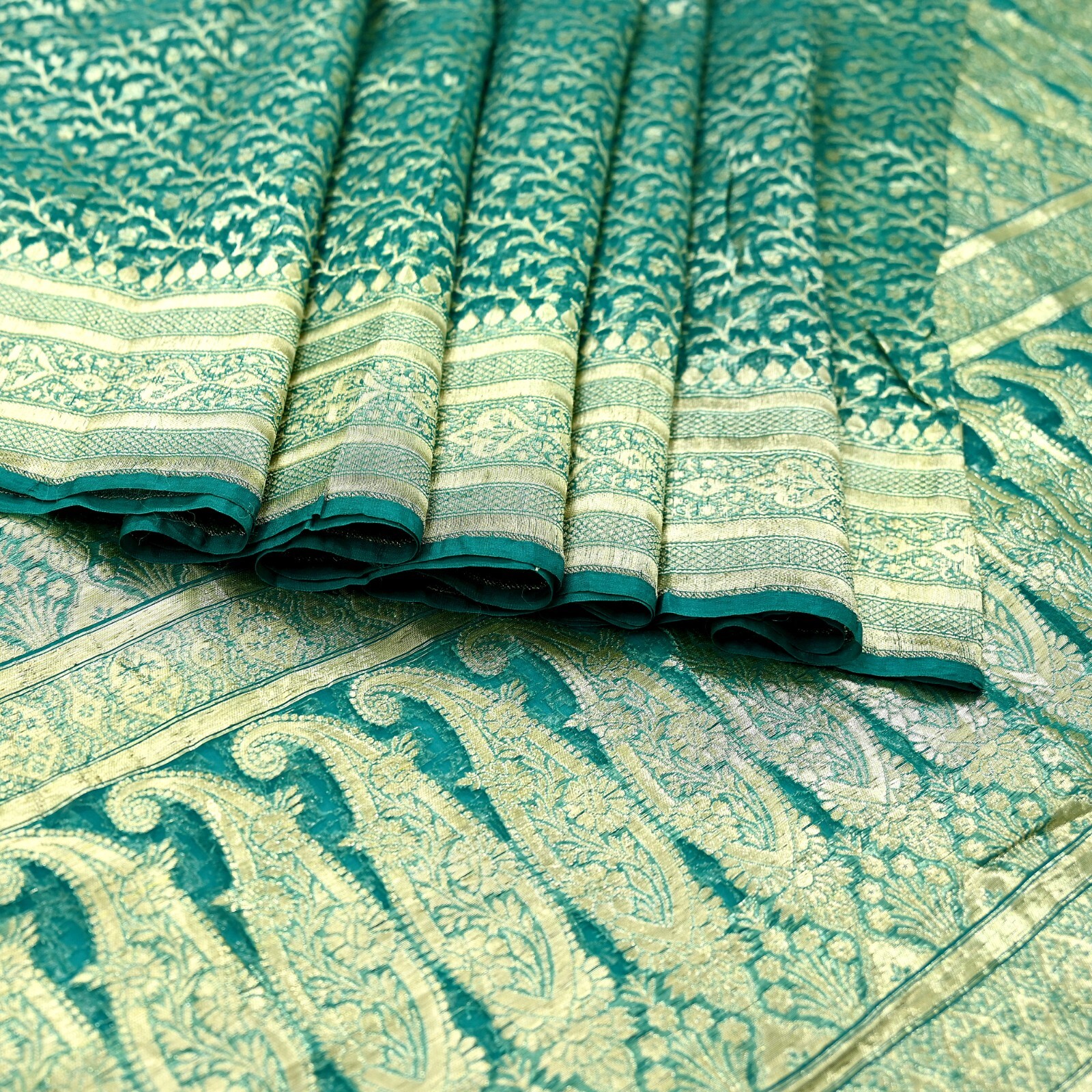Vintage Sari Heavy Green Pure Organza Silk Woven Brocade Banarasi Saree Zari 5Yd
