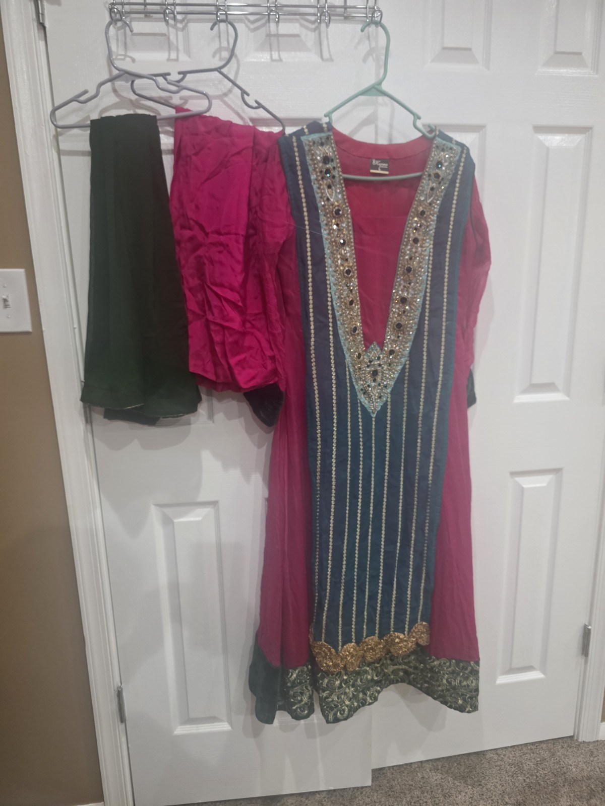 Pakistani Indian Pishwas Frock 3pc Set Hot Pink Chiffon Formal Festive Wear M/L