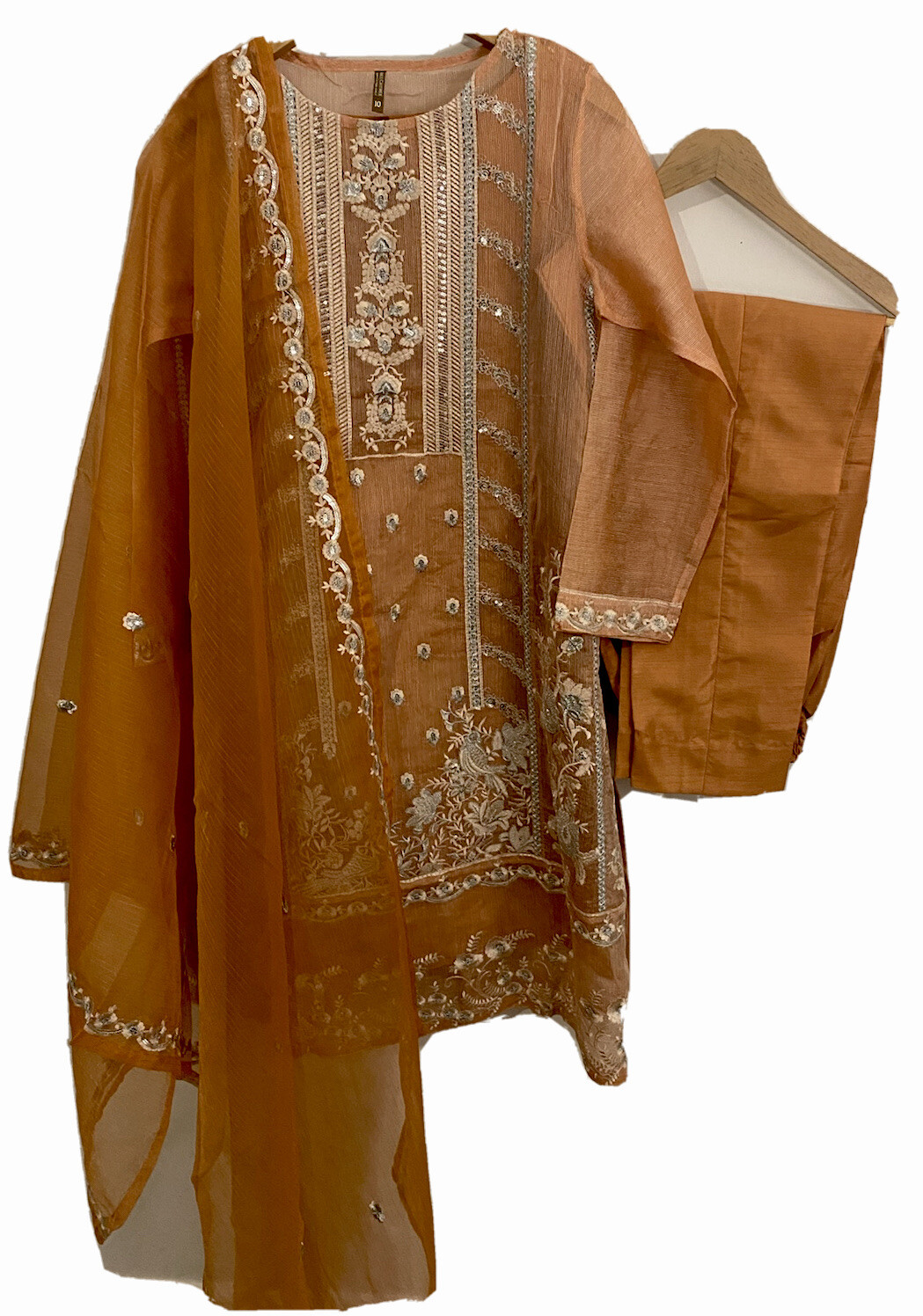 Pakistani Branded New Organza Shalwar Kameez By Beechtree-4Piece-Orange In Small