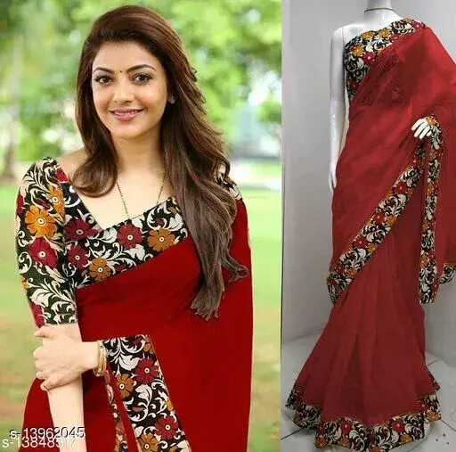 Indian Bollywood Fancy Woman Cotton Silk Red Lace border Saree With Blouse