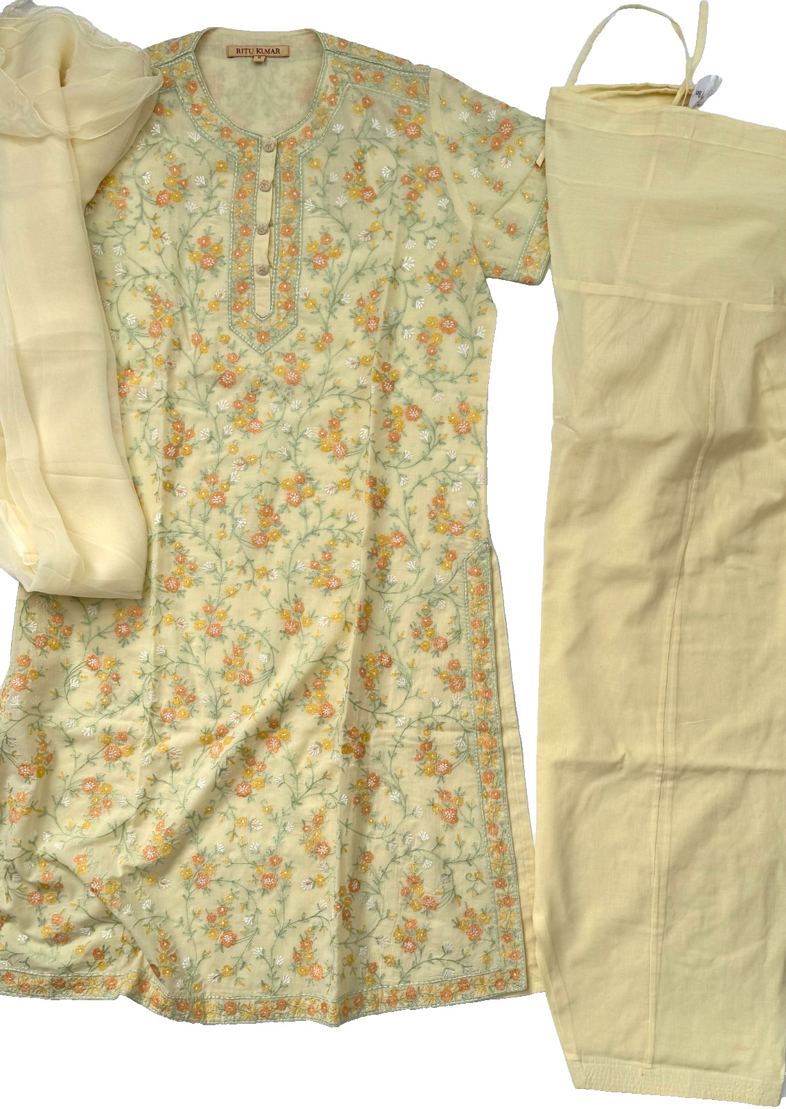 Ritu Kumar Hand Embroidered Cotton Silk Suit 3 Piece Set Yellow New