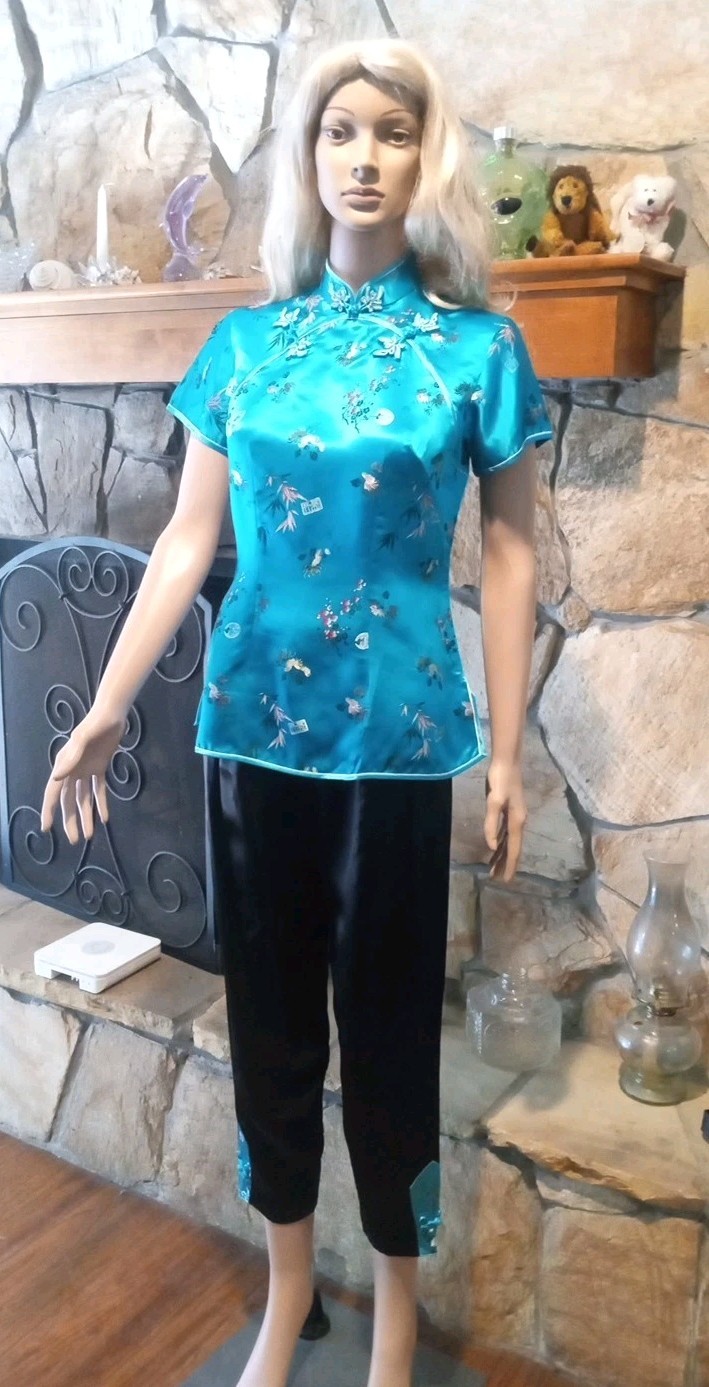 PEONY BRAND Shanghai China womens Silk 2 piece outfit turquoise 36 Small