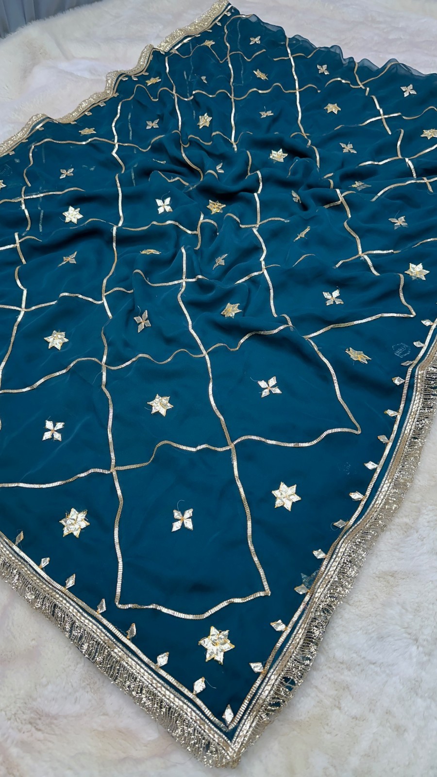 Women Dark Blue Georgette Saree With Kaccha Gotta Work With Unstitched Blouse
